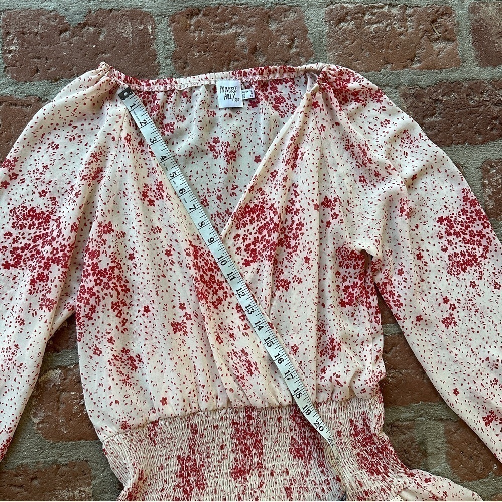 Princess Polly Cream & Red Floral Sheer V-Neck Wide Smocked Waist Mini Dress 8 - Picture 3 of 16